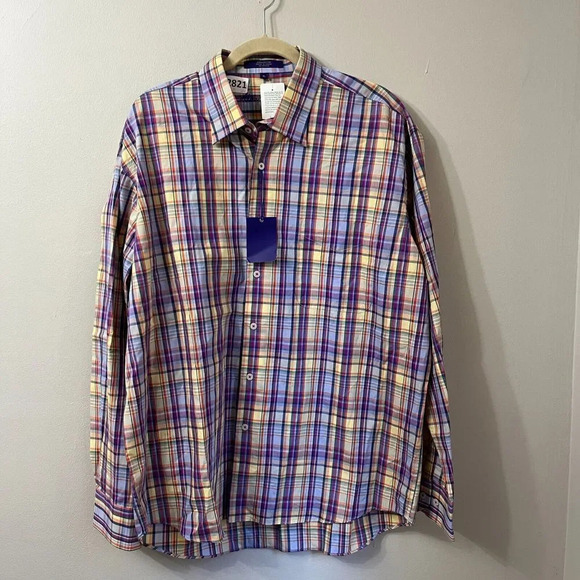 Alan Flusser Mens Multicolor Button Up Shirt XL Classic Plaid Cotton Long Sleeve - Picture 4 of 11